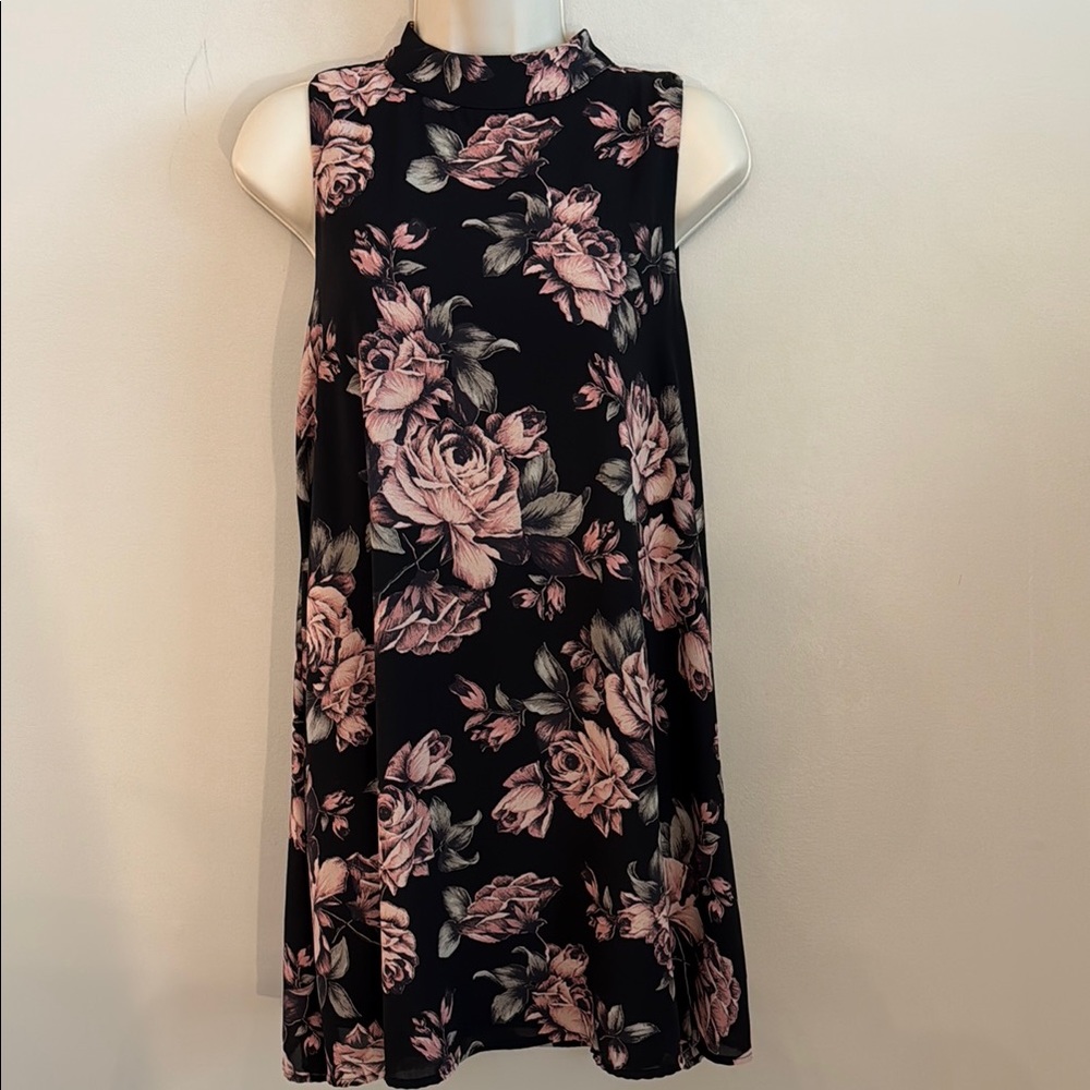 Peach Love California Black Mini Flowy Dress with Pink Rose Floral Print - Small